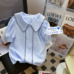PS41852# 蓝色衬衫女高级感娃娃领夏季小个子法式小衫女甜美短袖上衣 服装批发女装直播货源