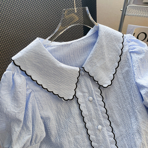 PS41852# 蓝色衬衫女高级感娃娃领夏季小个子法式小衫女甜美短袖上衣 服装批发女装直播货源