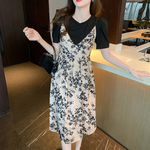 RM10687#夏季新款法式气质洋气宽松黑色短袖碎花吊带两件套连衣裙