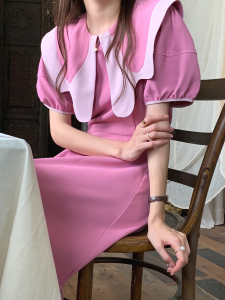 PS34203# 韩版夏季新款娃娃领泡泡袖收腰显瘦短袖连衣裙女 服装批发女装直播货源