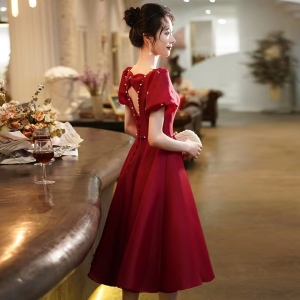 PS41586# 敬酒服新娘夏季小个子酒红色婚便装裙礼服连衣裙