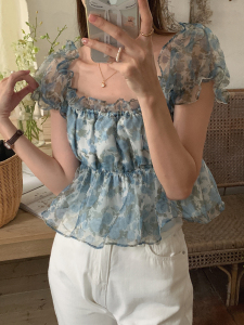 PS34204# 韩版夏季木耳边一字领碎花短款衬衫女 服装批发女装直播货源
