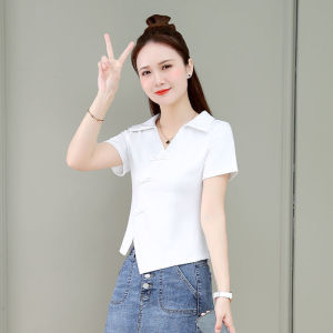 CP1126#长期特价款！纯棉夏季韩版短袖女中国风修身不规则短款t恤设计感上衣