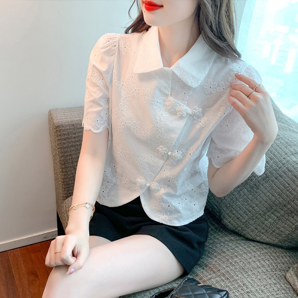 KM15850#夏季新款衬衫女短袖设计感法式新中式泡泡袖上衣蕾丝衫