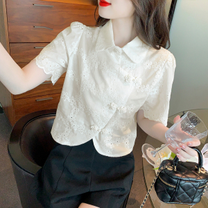 KM15850#夏季新款衬衫女短袖设计感法式新中式泡泡袖上衣蕾丝衫