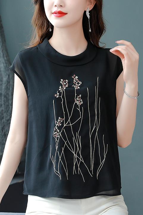黑色刺繡雪紡襯衫女落肩袖2026新款夏季洋氣寬松小衫設計感上衣