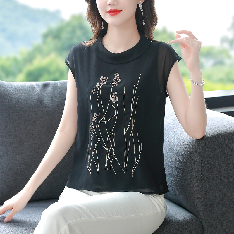 黑色刺繡雪紡襯衫女落肩袖2026新款夏季洋氣寬松小衫設計感上衣