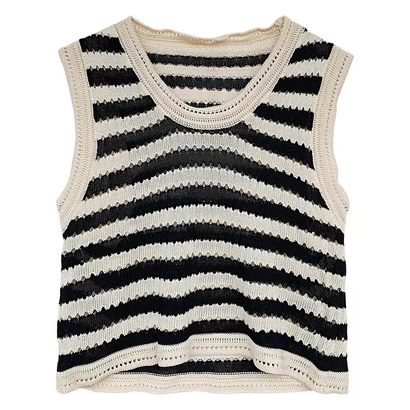 Thick needle loose striped knitted vest suspender women summer 2024 new style hollow inner wear short top