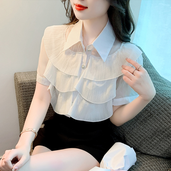 KM24439#夏装新款韩版娃娃领短袖印花荷叶边雪纺衫上衣女