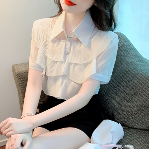 KM24439#夏装新款韩版娃娃领短袖印花荷叶边雪纺衫上衣女