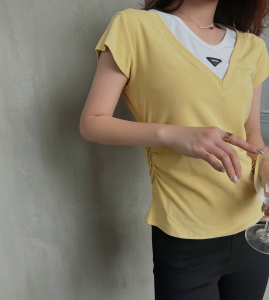 PS41604# 五色入爆款假两件V领飞飞袖设计感抽褶显瘦上衣T恤女