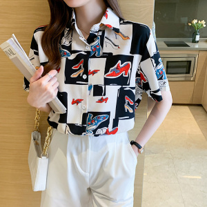 MY2617#夏季新款韩版宽松显瘦ins设计感高跟鞋印花衬衫女短袖