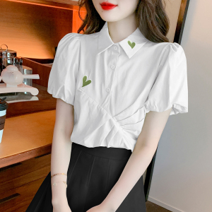RM12570#夏季新款高级感褶皱洋气爱心刺绣泡泡袖别致短袖衬衫