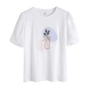 RM11042#夏季新款蕾丝泡泡袖拼接蝴蝶结印花t恤女设计感小众百搭上衣