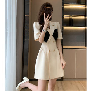 KM16021#夏季新款女装法式高级感泡泡袖白色连衣裙女夏设计小众西装裙