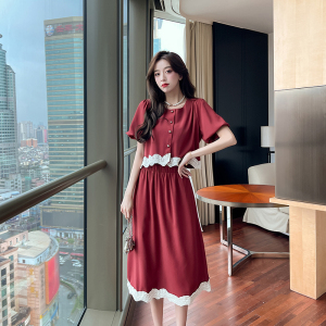 PS34570# 名媛惊艳方领扣子花边短袖上衣短款衬衫+半身裙红色长裙