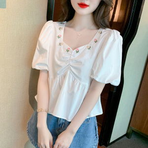 PS44733# 夏季新款韩版小清新方领设计感泡泡袖刺绣短袖衬衫 服装批发女装直播货源