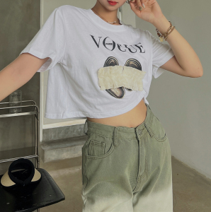PS41610# 韩版短款创意小众印花立体装饰宽松短款高腰T恤上衣女