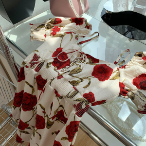 PS35336# 夏季新款设计感小众方领高腰玫瑰花气质短裙连衣裙女 服装批发女装直播货源