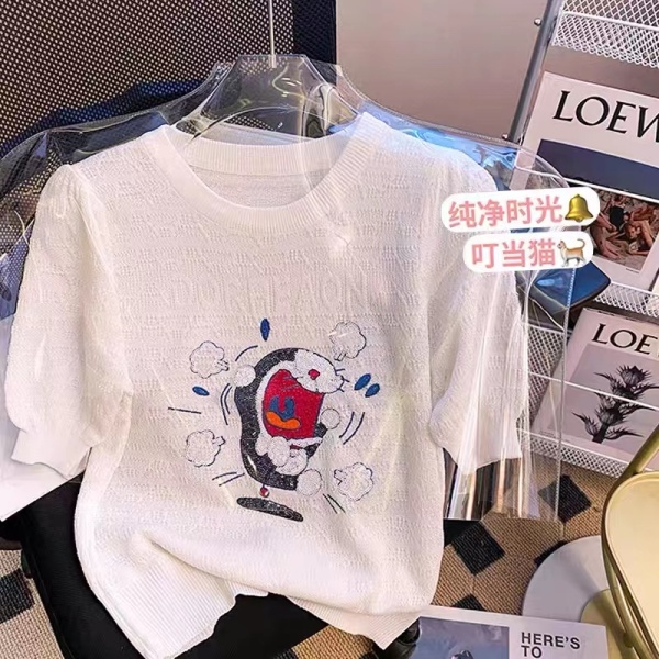 RM1517#沄地素夏季新款刺绣哆啦A梦薄款冰丝短袖针织衫上衣女爆款