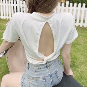 MY3259#潮牌修身显瘦短袖T恤女2022年夏季新款设计感小众短款露背上衣女