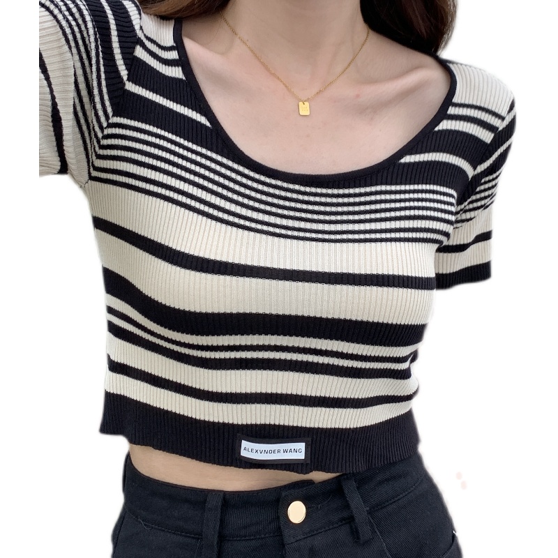 Large fat mm American Vintage stripe knitted T-shirt women's summer design sense thin slim short top