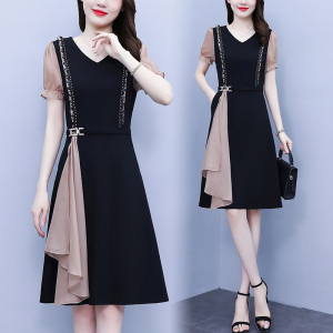 RM5074#大码女连衣裙2023夏季时尚拼接雪纺短袖气质洋气黑色中长款遮肚裙