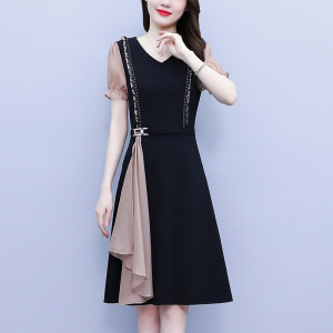 RM5074#大码女连衣裙2023夏季时尚拼接雪纺短袖气质洋气黑色中长款遮肚裙