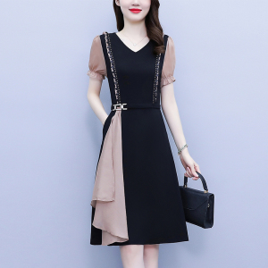 RM5074#大码女连衣裙2023夏季时尚拼接雪纺短袖气质洋气黑色中长款遮肚裙