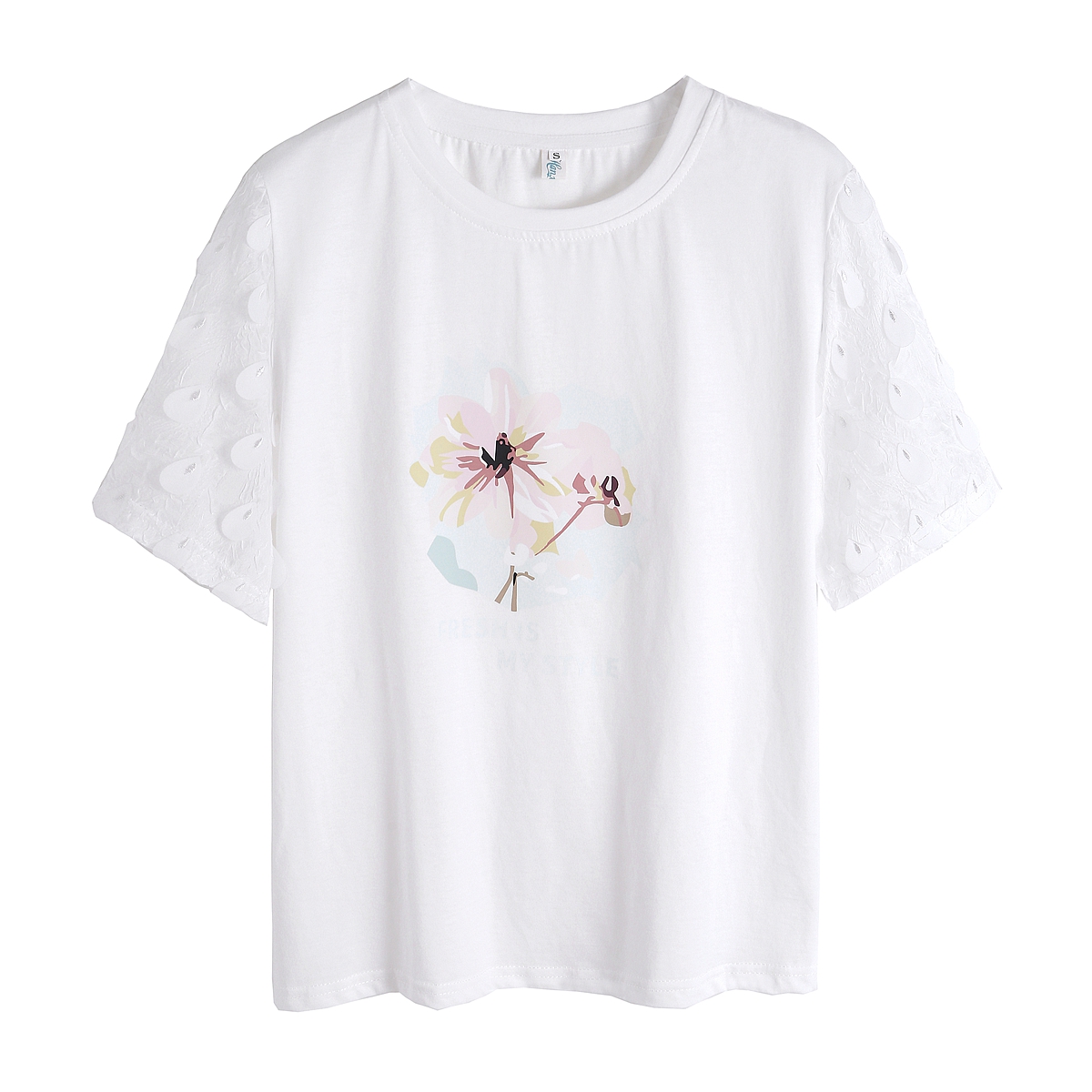 2024夏新款3D刺绣植物印花蕾丝上衣拼接短袖学生白T恤女潮