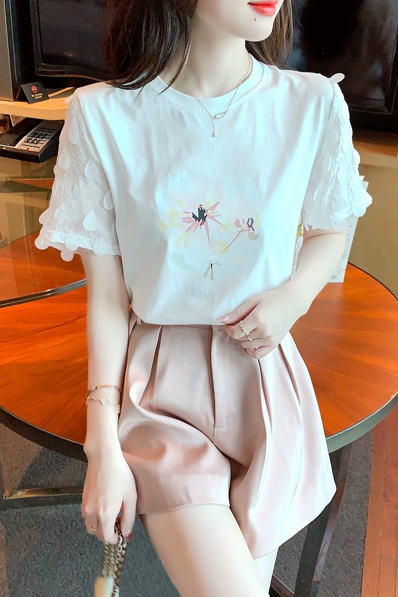 2024夏新款3D刺绣植物印花蕾丝上衣拼接短袖学生白T恤女潮