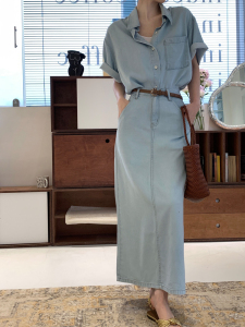 PS35412# 鹭青一天丝牛仔系列衬衫女夏季复古翻领宽松短袖衬衣外套 服装批发女装直播货源