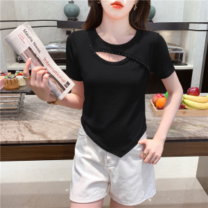 PS36602# 夏季新款韩版修身镂空纯欲风斜边上衣设计感不规则短袖T恤女 服装批发女装直播货源