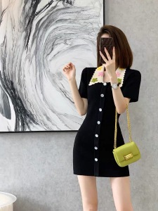 PS43867# 夏季新款小香风法式显瘦设计小众高级感小个子气质黑色连衣裙 服装批发女装直播货源