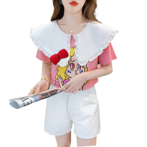 PS43312# 娃娃领卡通印花t恤女夏季女士纯棉短袖韩版宽松设计感小众上衣潮 服装批发女装直播货源