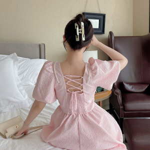 PS43450# 夏季甜美公主泡泡袖粉色收腰修身连衣裙气质蓬蓬短裙 服装批发女装直播货源