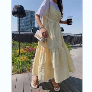 PS36121# 韩国新款短袖束带拼接假两件宽松连衣裙女 服装批发女装直播货源