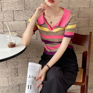 PS41188# 韩版撞色彩虹条纹polo领针织衫上衣女 服装批发女装直播货源