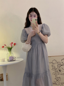 RY1491#夏季新款串珠泡泡袖高腰连衣裙长裙
