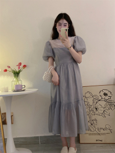 RY1491#夏季新款串珠泡泡袖高腰连衣裙长裙