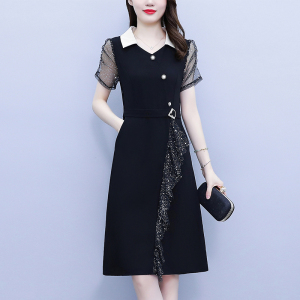 RM5075#大码女连衣裙2023夏新款显瘦小黑裙短袖高腰胖mm遮肉A字裙