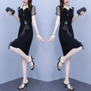 RM5075#大码女连衣裙2023夏新款显瘦小黑裙短袖高腰胖mm遮肉A字裙