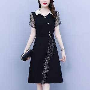 RM5075#大码女连衣裙2023夏新款显瘦小黑裙短袖高腰胖mm遮肉A字裙
