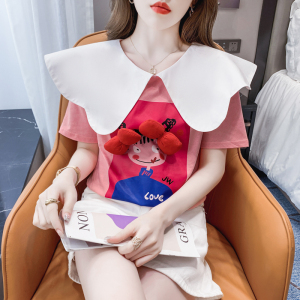 PS43313# 娃娃领T恤女夏季新款甜美设计感拼色印花宽松五分袖体恤上衣 服装批发女装直播货源