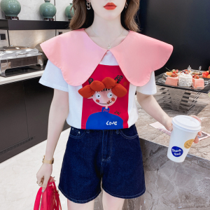 PS43313# 娃娃领T恤女夏季新款甜美设计感拼色印花宽松五分袖体恤上衣 服装批发女装直播货源