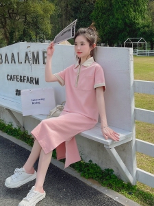 CX9171# 最便宜服装批发粉色polo连衣裙女夏新款小个子甜美奶甜茶歇法式可甜可盐裙子