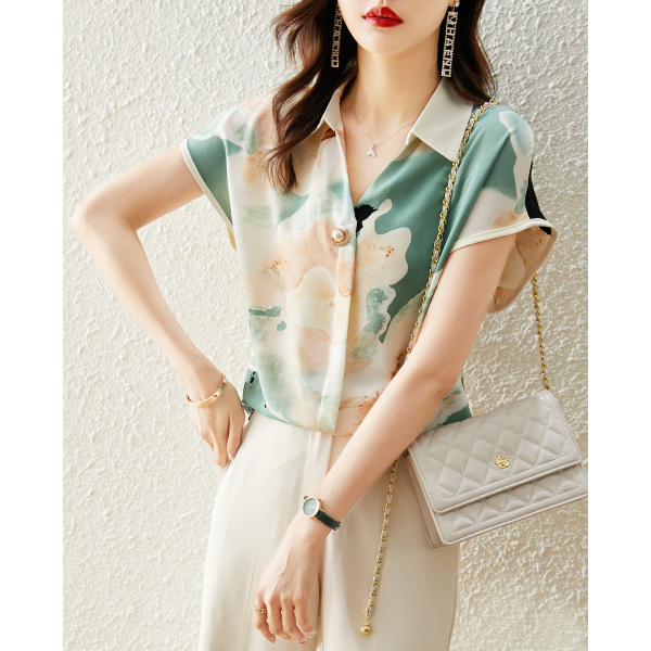 RM15047#短袖衬衣女 夏季新款宽松显瘦气质翻领一粒扣印花女式衬衫