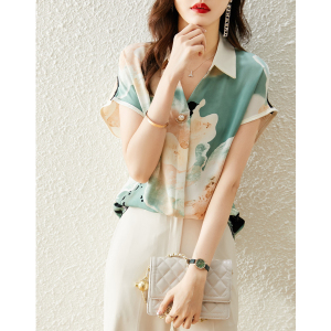 RM15047#短袖衬衣女 夏季新款宽松显瘦气质翻领一粒扣印花女式衬衫