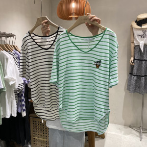 PS41524# 棉面料夏季新款条纹刺绣唐老鸭短袖T恤女