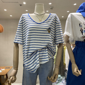 PS41524# 棉面料夏季新款条纹刺绣唐老鸭短袖T恤女